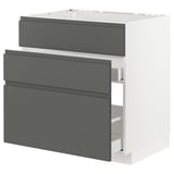 Moderner grauer Küchenschrank mit drei Schubladen, minimalistisches Design.