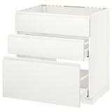 Weißer METOD-Küchenschrank mit drei offenen Schubladen, schlankes, minimalistisches Design.