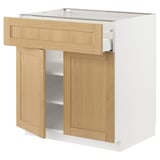 METOD-Küchenschrank in Weiß und Eiche mit einer offenen Tür und Schublade mit Holzinterieur.