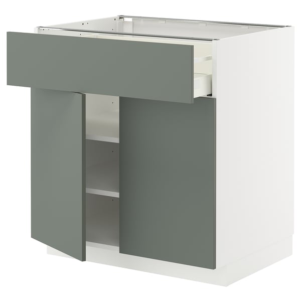 METOD Küchenzeile in Graugrün mit einer offenen Schublade und Regal, schlankes, modernes Design.