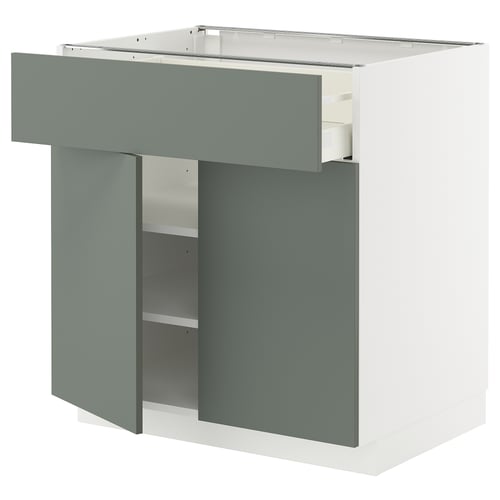 METOD Küchenzeile in Graugrün mit einer offenen Schublade und Regal, schlankes, modernes Design.