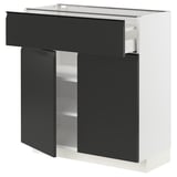 Moderne Küchenzeile, weiß und mattschwarz, schlankes Design, mit Schubladen und Regalen.