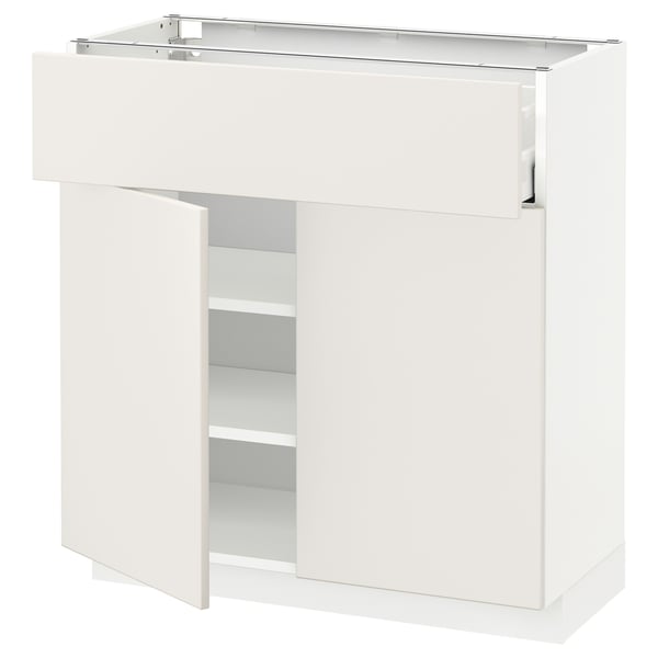 Weißer METOD Küchenschrank, glänzende Oberfläche, quadratische Form, mit verstellbaren Einlegeböden und leichtgängiger Schublade.