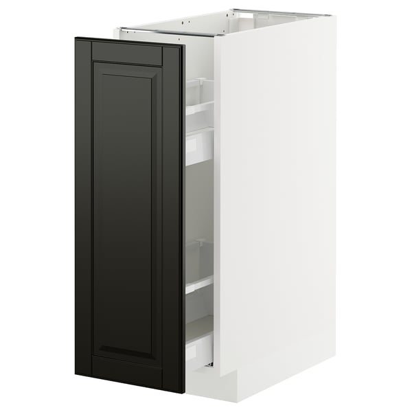 Ein weißer METOD-Küchenschrank mit schwarzer Bodbyn-Tür, mit einem schlanken, modernen Design und einer abgeschrägten Kante.