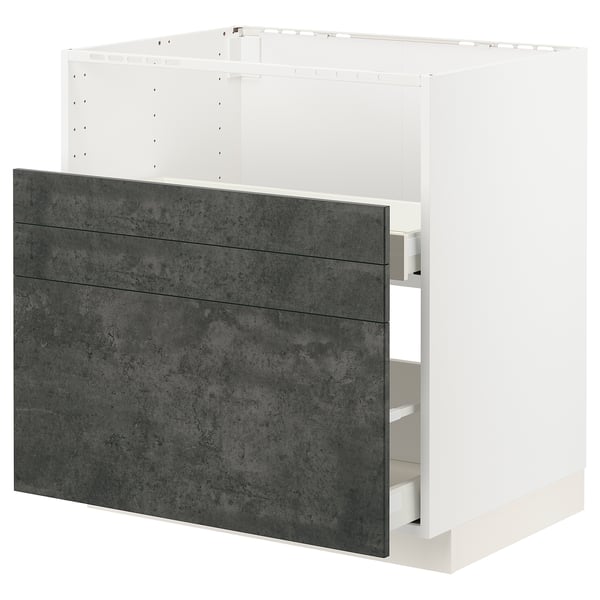Der METOD Küchenschrank mit dunkelgrauen Kalhyttan-Fronten. Sein schlankes, modernes Design umfasst einen weißen Rahmen und zwei ausziehbare Schubladen.