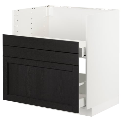 METOD schwarz-weißer Küchenschrank mit dunkel gebeizter Holzschublade, modernes Design.