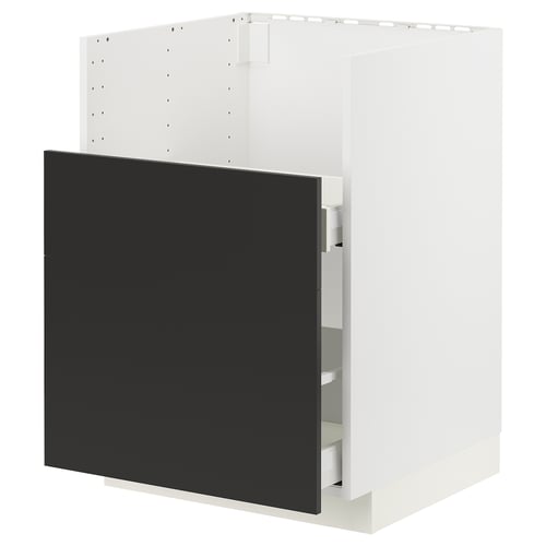 METOD Küchenzeile, schwarze Schublade, weißer Sockel, modernes Design.