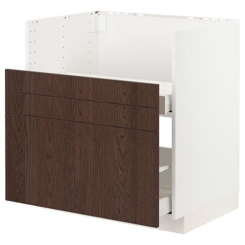 Moderne Küchenzeile: weißes & dunkelbraunes Holz, 3 Schubladen, schlankes Design.