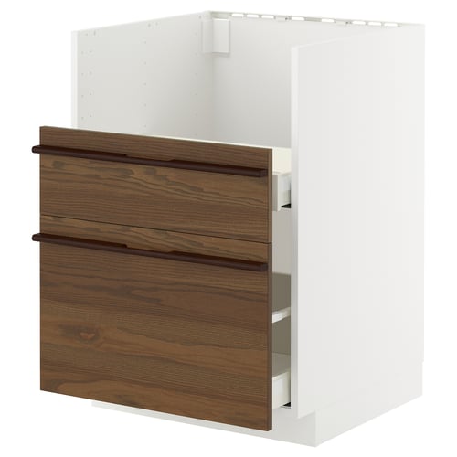 Eine weiße METOD-Küchenzeile mit dunkelbraun gebeizten Holzschubladen und Griffen.
