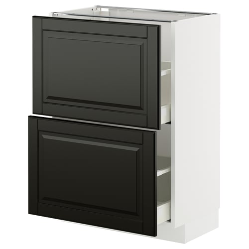 Ein moderner schwarzer METOD-Küchenschrank mit abgeschrägten Kanten, zwei Schubladen und schlanken Griffen, perfekt für eine moderne Küche.