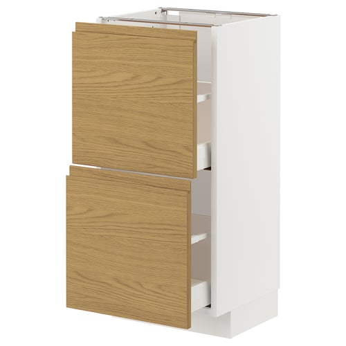 Moderner Küchenschrank, weißes und helles Holz, zwei Schubladen.