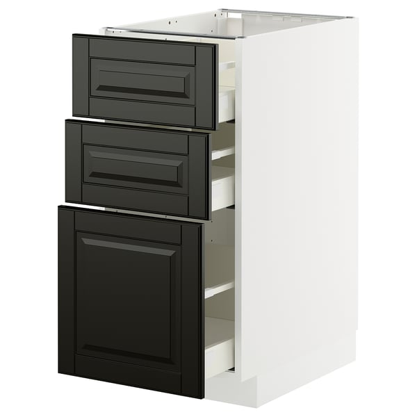Moderne Küchenzeile: METOD in Weiß und Schwarz, schlankes Design mit drei Schubladen, langlebige Materialien.