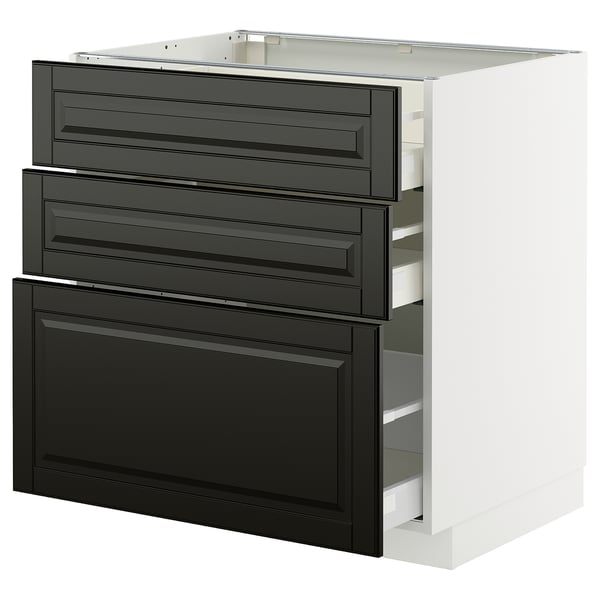 METOD Küchenzeile: schwarze Schubladen, weißer Sockel; Rechteckiges, modernes Design.
