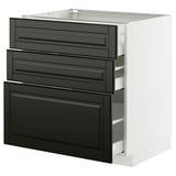 METOD Küchenzeile: schwarze Schubladen, weißer Sockel; Rechteckiges, modernes Design.