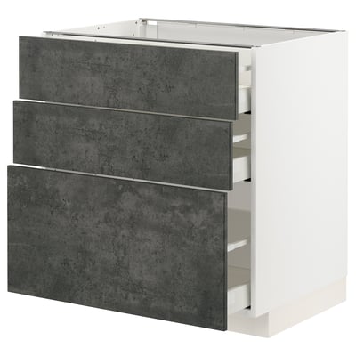 Moderner Küchenschrank, weiß und grau, drei Schubladen, schlankes Design.