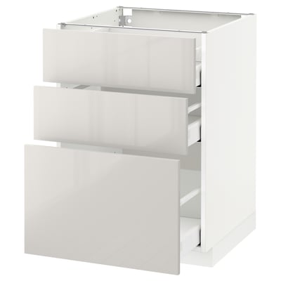 Moderner weißer METOD-Küchenschrank mit 3 glänzenden Schubladen.