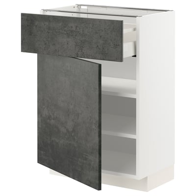 Moderner Küchenschrank, weiß mit dunkelgrauen Schubladen, schlankes und zeitgemäßes Design.