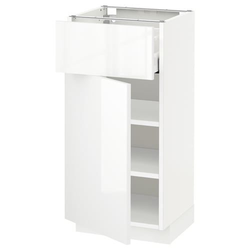 METOD weißer glänzender Küchenschrank mit Schublade und Regalen.