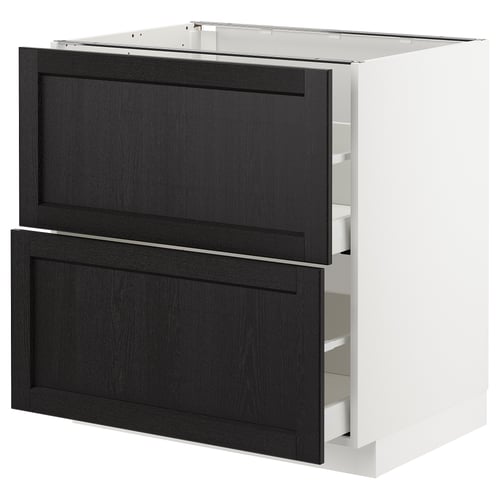 Moderner Küchenschrank, weißes und dunkles Holz, zwei Schubladen, schlankes Design.