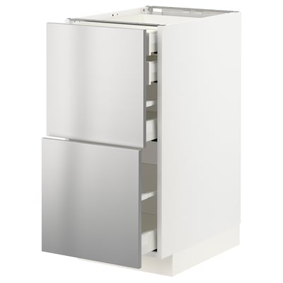 METOD-Küchenschrank aus Edelstahl und Weiß mit zwei Schubladen und drei Regalen. Modernes, industrielles Design.