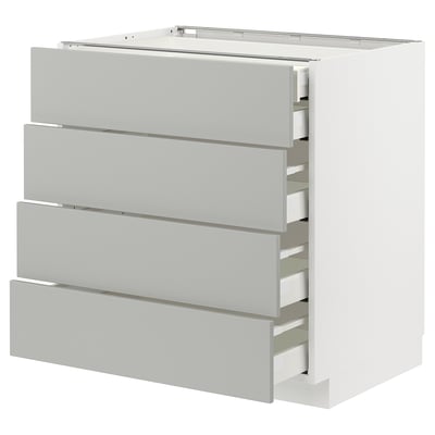 Moderne graue Küchenzeile mit vier offenen Schubladen: schlankes, quadratisches und minimalistisches Design.