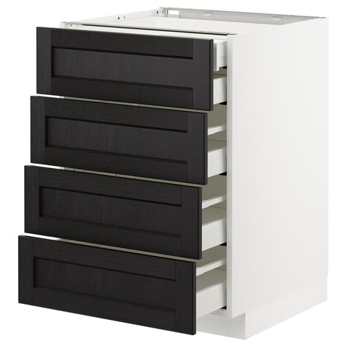 Schubladenfronten aus schwarz gebeiztem Holz auf weißem METOD-Küchenschrank, vier Schubladen, schlankes Design.