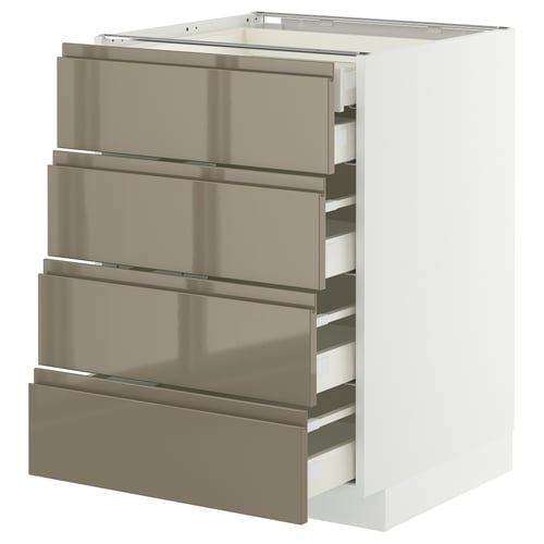 Moderner Küchenschrank mit metallic-beigen Schubladen, eleganter und glänzender Oberfläche, integrierten Griffen, glatten Kanten und weißem Boden.