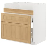 Ein ikea METOD Küchenschrank mit Eichenfurnier-Finish. Es handelt sich um eine Schublade und ein Regal, die im klassischen Stil eingerahmt sind.
