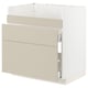 Moderner Küchenschrank in Beige mit glatten Fronten. Hergestellt aus Faser- und Spanplatten, hat es ein schlankes, minimalistisches Design.