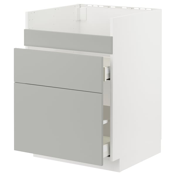 Ein grauer METOD-Küchenschrank, modern und rechteckig, mit mehreren Schubladen.