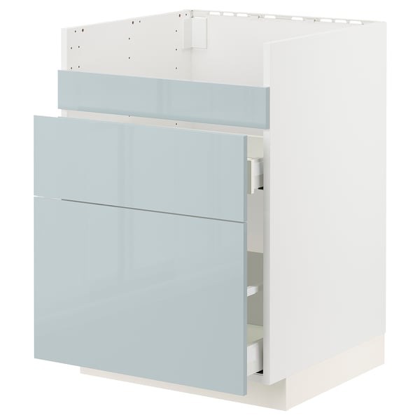 Moderner grau-blau glänzender Küchenschrank mit Schubladen.