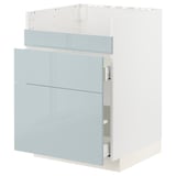 Moderner grau-blau glänzender Küchenschrank mit Schubladen.