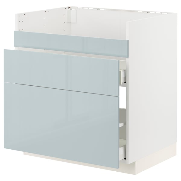 Ein ikea METOD Küchenschrank in Hellblau mit moderner, glänzender Oberfläche. Der Schrank verfügt über mehrere Schubladen und Regale zur Aufbewahrung.