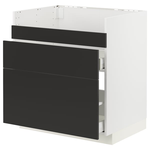 Moderner schwarz-weißer Küchenschrank. Schlankes Schubladendesign, robuster Boden und umweltfreundliche Materialien.