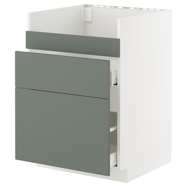 Moderner weißer und graugrüner IKEA METOD Küchenschrank mit 3 Schubladen.