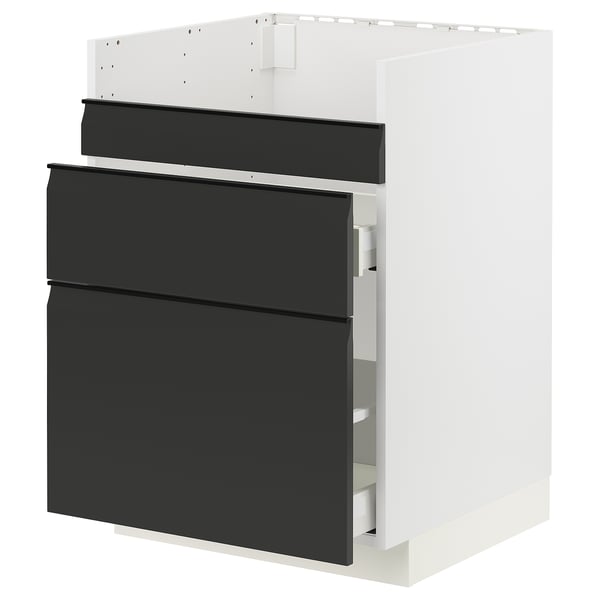 Moderner schwarzer Ikea-Küchenschrank mit drei Schubladen. Schlankes, mattes Finish, minimalistische Griffe. Weißer Innenrahmen. 3D-Ansicht.