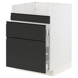 Moderner schwarzer Ikea-Küchenschrank mit drei Schubladen. Schlankes, mattes Finish, minimalistische Griffe. Weißer Innenrahmen. 3D-Ansicht.