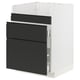 Moderner schwarzer Ikea-Küchenschrank mit drei Schubladen. Schlankes, mattes Finish, minimalistische Griffe. Weißer Innenrahmen. 3D-Ansicht.