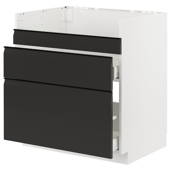 Moderner schwarzer Küchenschrank, quadratisch und schlank, mit drei Schubladen und mattem Finish.