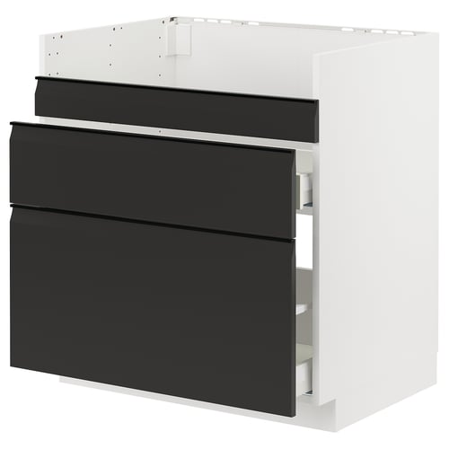 Moderner schwarzer Küchenschrank, quadratisch und schlank, mit drei Schubladen und mattem Finish.