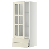 METOD Küchenzeile: weißer Schrank mit Glastüren, verstellbaren Regalen und einer Schublade. Traditionelles Design mit abgeschrägten Kanten.