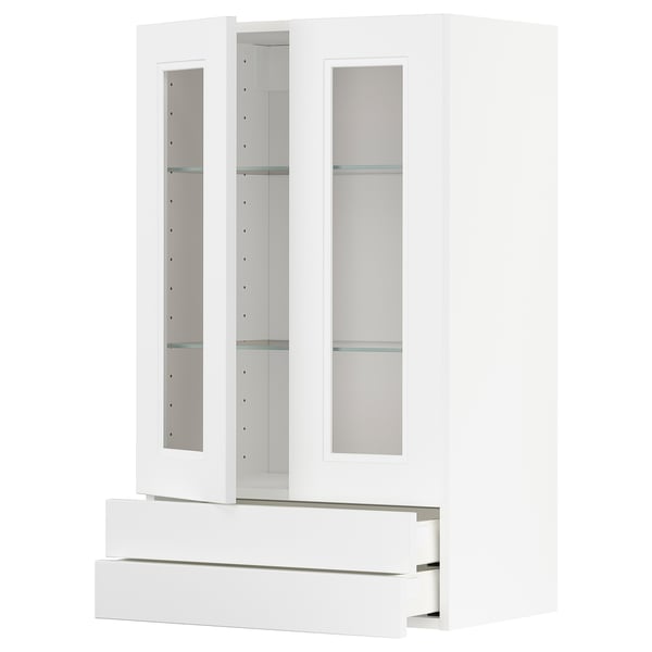 Eine weiße METOD-Küchenzeile mit Glastüren und Schubladen, die ein schlankes und modernes Design bietet.