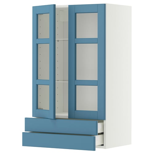 METOD / MAXIMERA Wandschrank m 2 Glastüren/2 Schubl., weiß/Lerhyttan blau, 60x100 cm