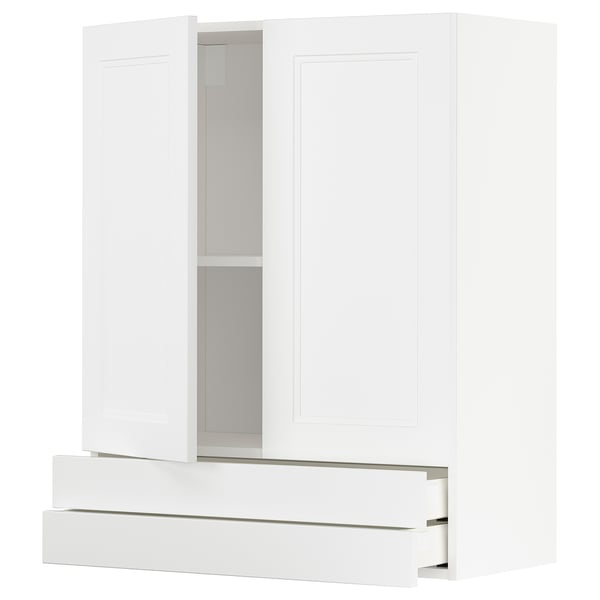 Weißer METOD-Schrank mit zwei Regalen und drei Schubladen.