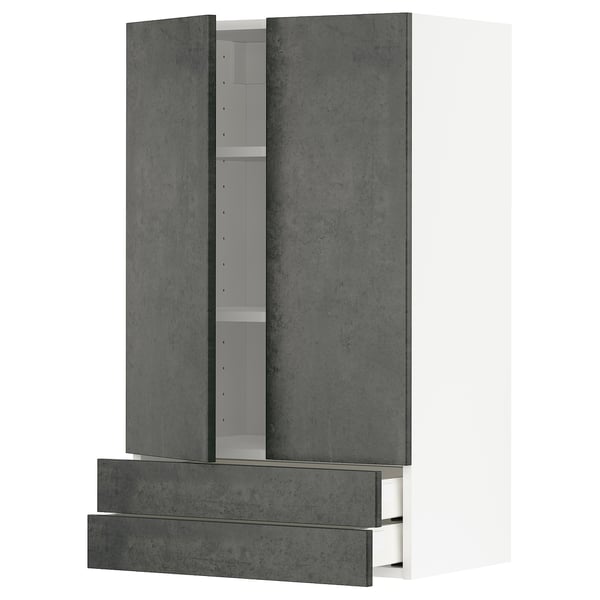 Ein moderner, dunkelgrauer Schrank in Betonoptik aus dem Küchensystem METOD. Er verfügt über einen Hochschrank mit ausziehbarem Regal und einer Schublade.