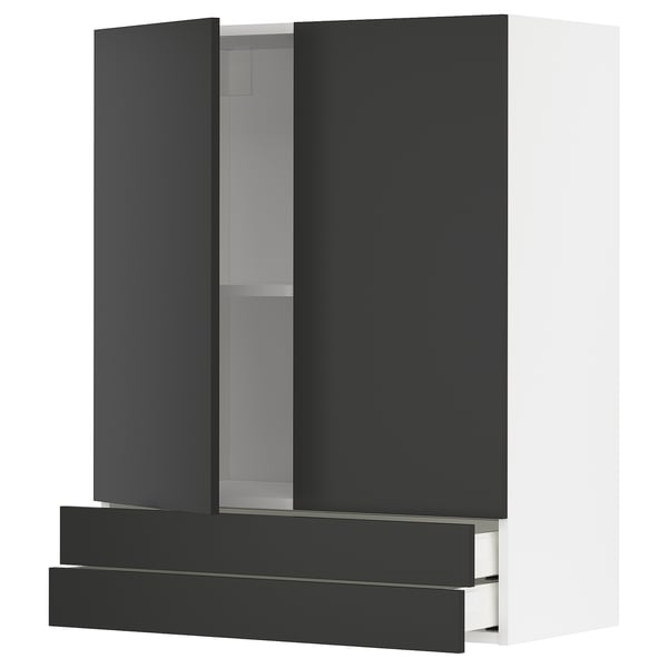 Moderner Küchenschrank in Schwarz-Weiß, schlankes Design mit zwei Schubladen und verstellbarem Regal.