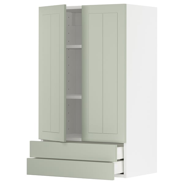 Ikea METOD Küchenzeile, grün, mit Schubladen und Regal.