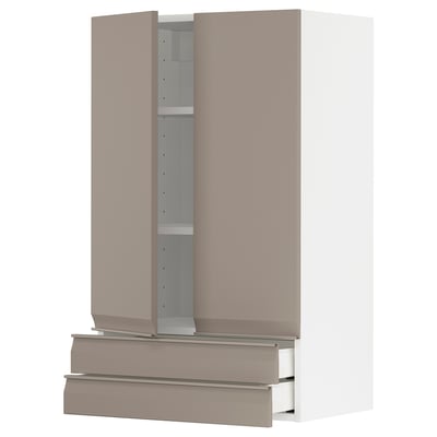 Ein moderner beige-grauer Küchenschrank mit Schublade mit schlanken Kanten und minimalistischem Design.