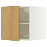 Offener weißer Schrank mit Holztür, zwei Regalen, quadratische Form.