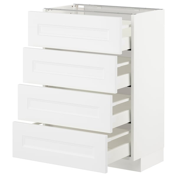 Ein weißer METOD-Küchenschrank mit mehreren Schubladen. Das klare, minimalistische Design bietet viel Stauraum mit leichtgängigen, selbstschließenden Schubladen.
